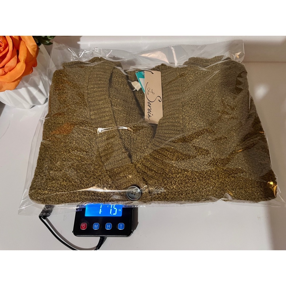 Les Serein Spiced Olive/Tan Boucle Popcorn Cardigan XXL Boxy Fall Cabincore Cozy - Picture 13 of 13